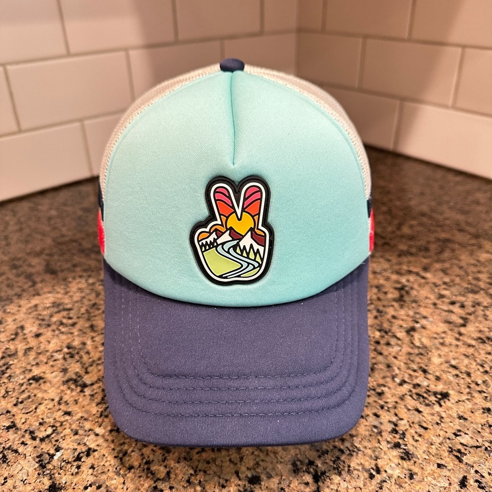 Atomic child Peace Sign Trucker Hat Men's Adjustable Aqua Navy Mesh Snapback